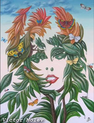 Optical illusion painting, a woman picture with leaves, animals and flowers