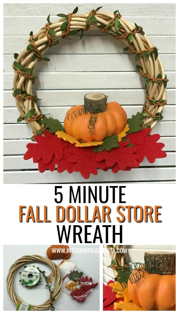 Turn inexpensive dollar store finds into an adorable small DIY Fall Pumpkin Wreath and it's so quick and easy to make in five minutes or less. #dollarstorecraft #diyfalldecor