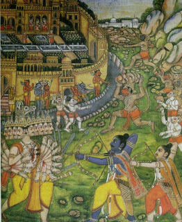 As the climax of the battle approaches, Ravana comes face to .face with Rama, who pierces him repeatedly with deadly arrows. la the background monkeys hurl rocks and mountain peaks.