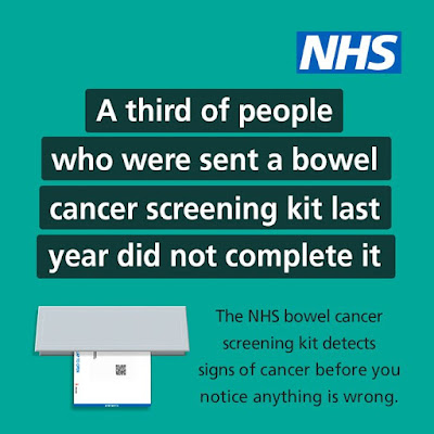 Text explaining around 1 in 3 people sent a bowel screening kit did'nt complete and send it back. Do it.