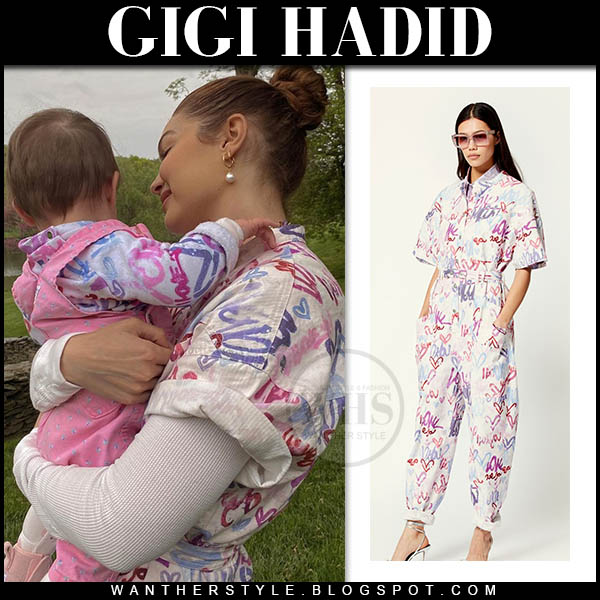 Gigi Hadid in white and pink printed jumpsuit