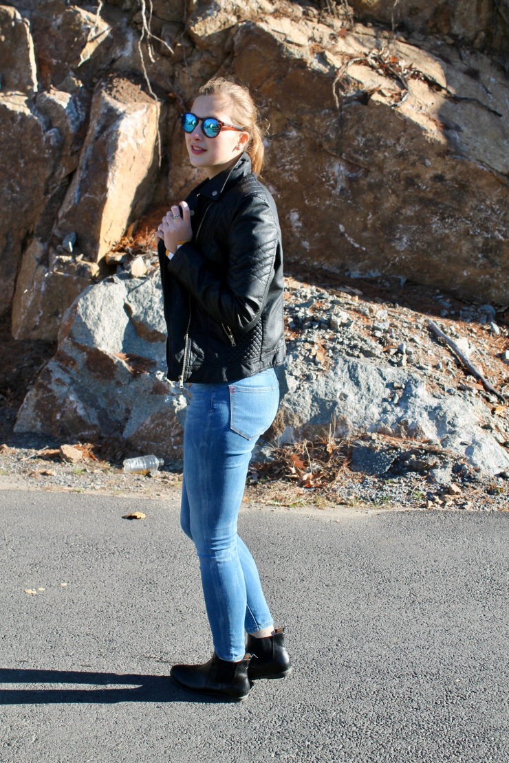 moto jacket, striped shirt and high waisted jeans