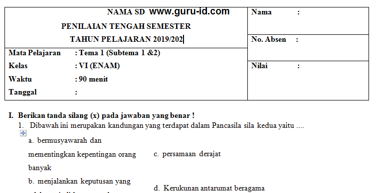 Lengkap Soal Pts Kelas 1 2 3 4 5 6 Semester 1 Dan 2 Revisi