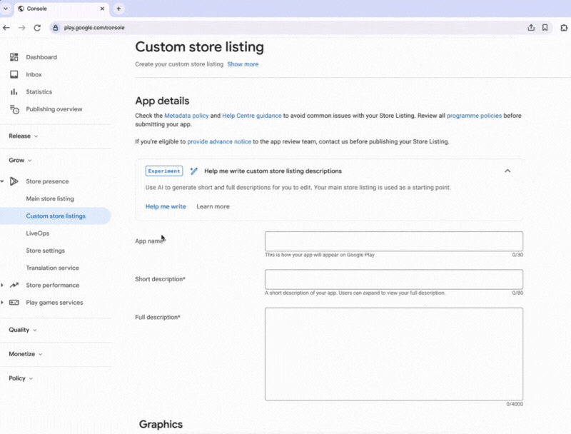 Moving image of using Generative AI to create a custom store listing in Google Play