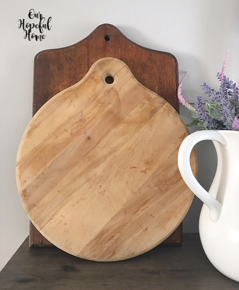 vintage round cutting board thrift store kitchen ironstone pitcher