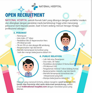 Lowongan kerja perawat dan public relation di National Hospital Surabaya 2019
