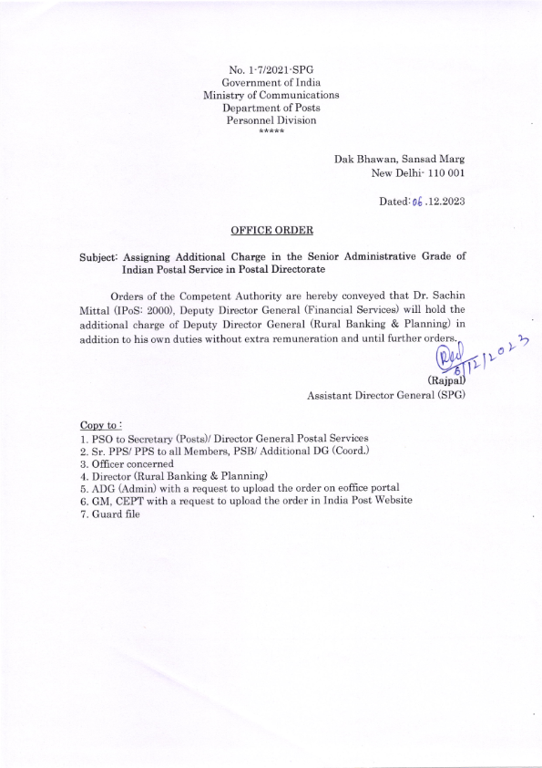 Assigning Additional Charge in the Senior Administrative Grade of Indian Postal Service in Postal Directorate  - Order dtd 06/12/2023