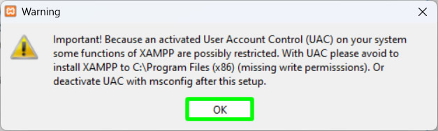 xampp installation warning about user account control