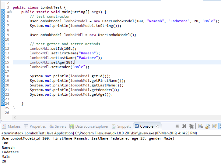 Project Lombok - Getter, Setter and Constructor Example