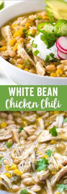White bean chicken chili prepared in a crockpot with whole roasted jalapenos, tender beans, corn, and lean chicken breast.