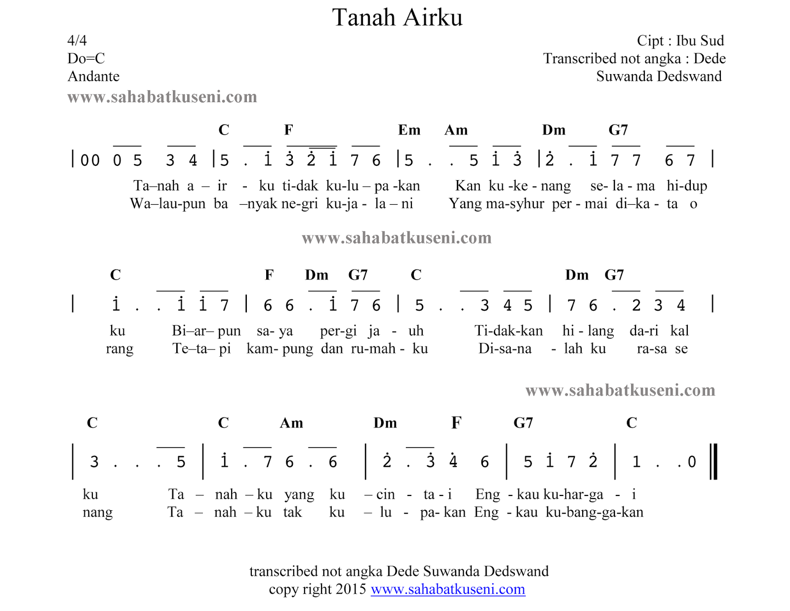 partititur lagu tanah airku not angka lirik dan chord