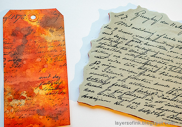 Layers of ink - Crackling Campfire Tag Tutorial by Anna-Karin Evaldsson. Simon Says Stamp Old Letter background stamp.