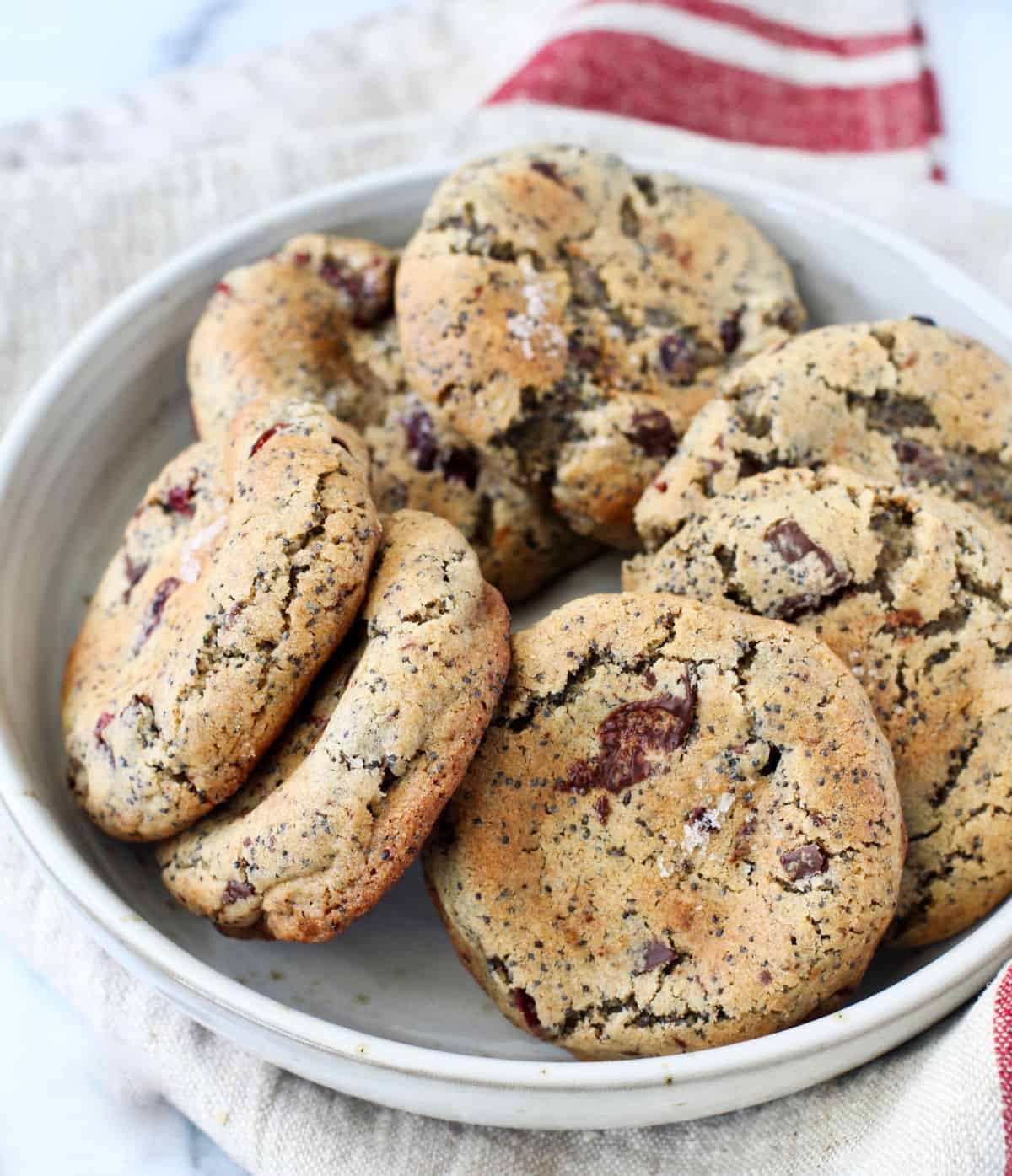 Rye Cranberry Chocolate Chunk Cookies in a bowl.