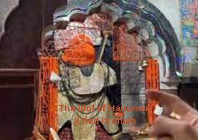 The idol of lord Hanuman tied in a chain