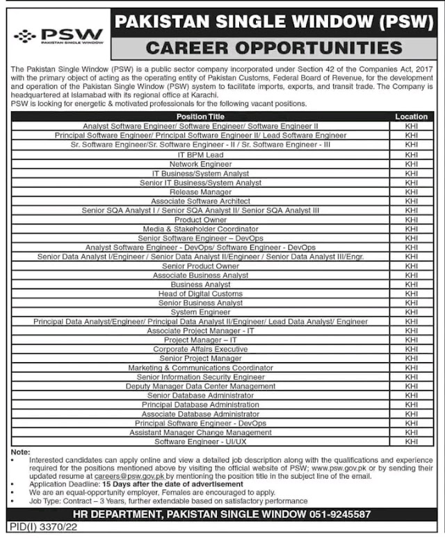 Career opportunity at Pakistan single window (PSW) 2022 - Today govt jobs in pakistan 2022