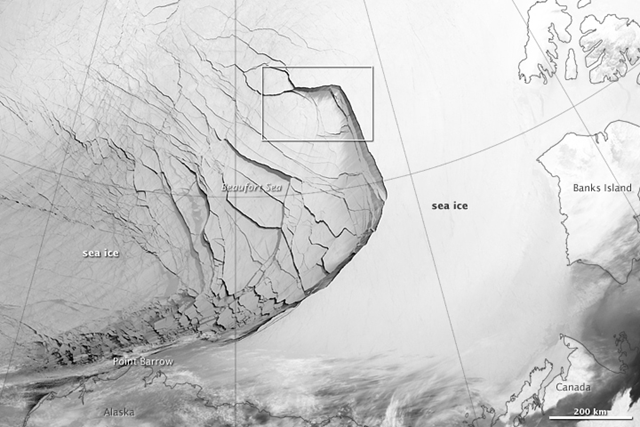 The Visible Infrared Imaging Radiometer Suite (VIIRS) on the Suomi NPP satellite captured this view of extensive sea-ice fracturing off the northern coast of Alaska. The event began in late-January and spread west toward Banks Island throughout February and March 2013. Photo: NASA Earth Observatory