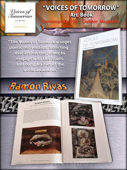 El libro de arte "Voces del Mañana" y las páginas en el que participa  Ramón Rivas con tres de sus obras.