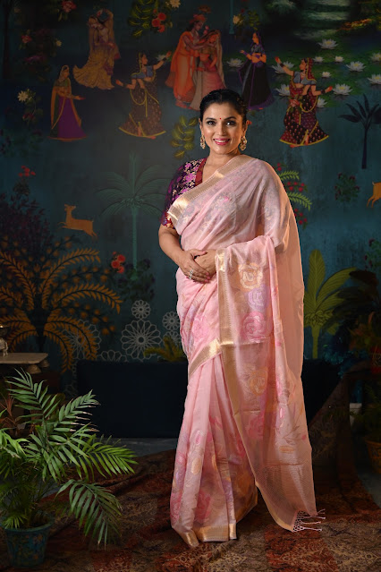 baby pink silk chanderi saree