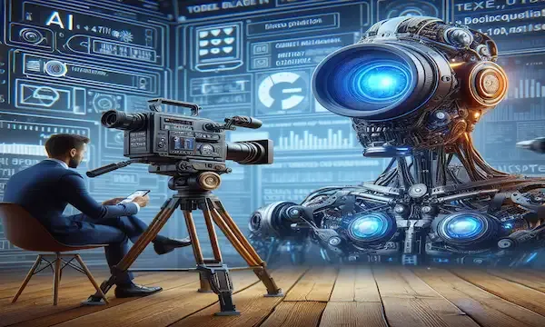 A person is seated on a chair turned towards a camera equipment and operating a professional video camera mounted on a tripod. There ia an advanced robot with multiple limbs and glowing blue lights appears to be the subject being filmed.