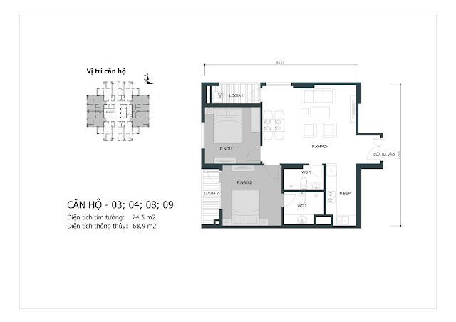 Thiết kế căn hộ số 03-04-08-09 (dt thông thủy 68,9m2)