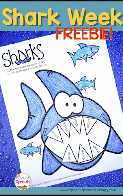 14 terrific speech and language activities for Shark Week in preschool speech therapy including this free no-prep shark craftivity  www.speechsproutstherapy.com #speechtherapy #preschool #kindergarten