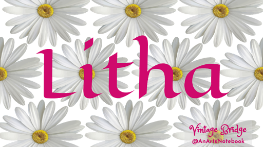 a facebook banner graphic with daisies svg images in the background and the word Litha in celtic looking letting in green in the forefront with Vintage Bridge @AnArtsNotebook imprint in the corner