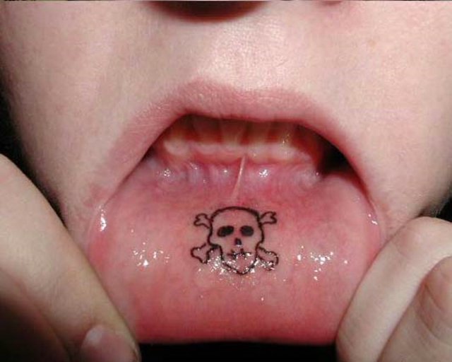 Skull and crossbones lip tattoo