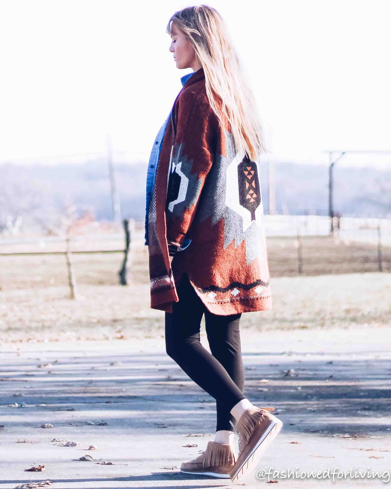 Fashioned For Living: tribal print cardigan outfit with leggings and ariat  cruisers