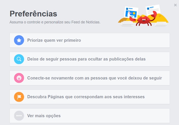 Preferências para o feed de notícias.