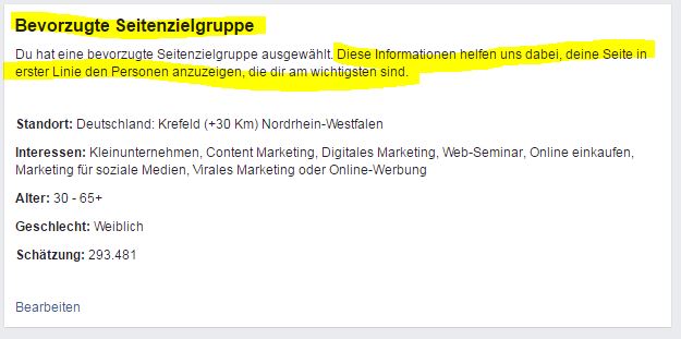 Bevorzugte Seitenzielgruppe Facebook Interessen + Standort