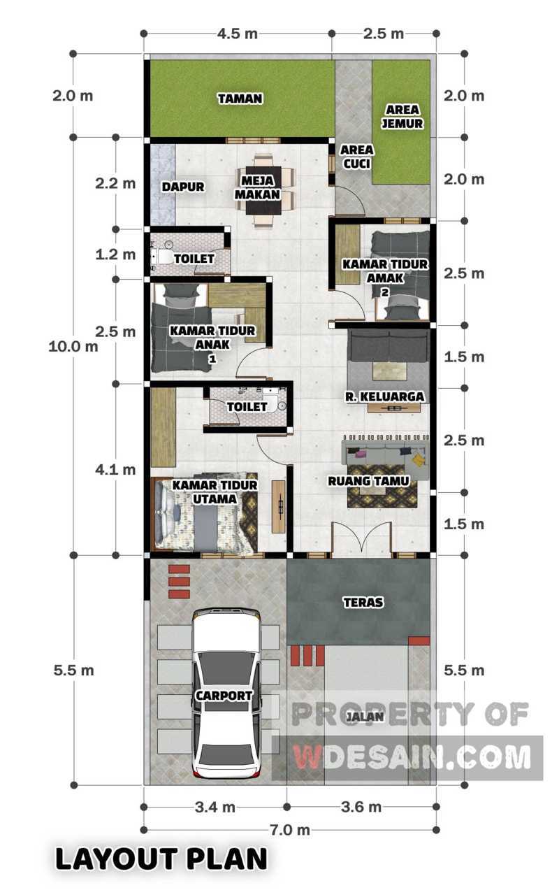 Gambar dan Denah Rumah 3 kamar ukuran 7x9 Meter - Desain Rumah Minimalis Sederhana - Denah Rumah Minimalis 3 Kamar Ukuran 7x9