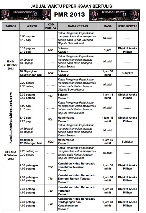 Jadual Peperiksaan Menengah Rendah (PMR) 2013