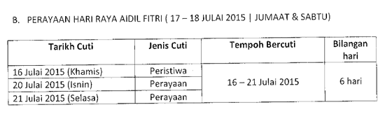 Cuti Sekolah Sempena Hari Raya Aidilfitri 2015