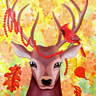 Deer and cardinal acrylic painting