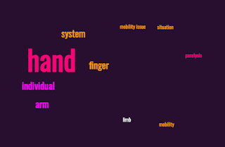 Word cloud related to mobility and motor disabilities. Words include: hand, individual, arm, system, finger, limb, mobility, situation, paralysis