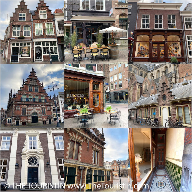 Selection of situations with red brick houses, market square, alfresco restaurant, green and beige tiled entrance hall of a house, a large shop front decorated and framed with brown wood, bicycles leaned against a church, a delicately white decorated elegant and black laquered entrance door.