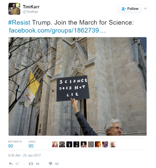 TimKarr tweet, January 25, 2017.  'Science Does Not Lie'.