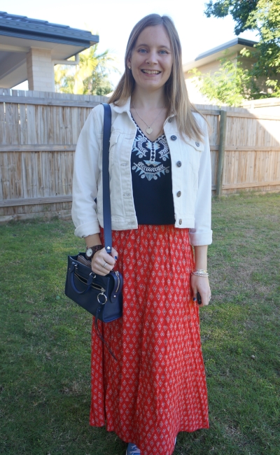 boho embroidered tunic with red printed maxi skirt white denim jacket winter outfit | awayfromblue