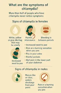 Infographic showing chlamydia symptoms in men and women. Female symptoms include abnormal discharge, vaginal burning, painful sex, bleeding between periods, and abdominal pain. Male symptoms include discharge from the penis, burning during urination, and testicular pain.