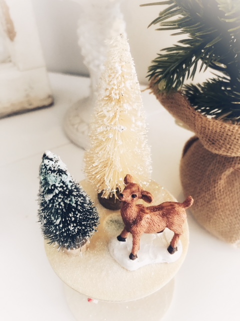 flocked bottle brush tree mini deer figurine