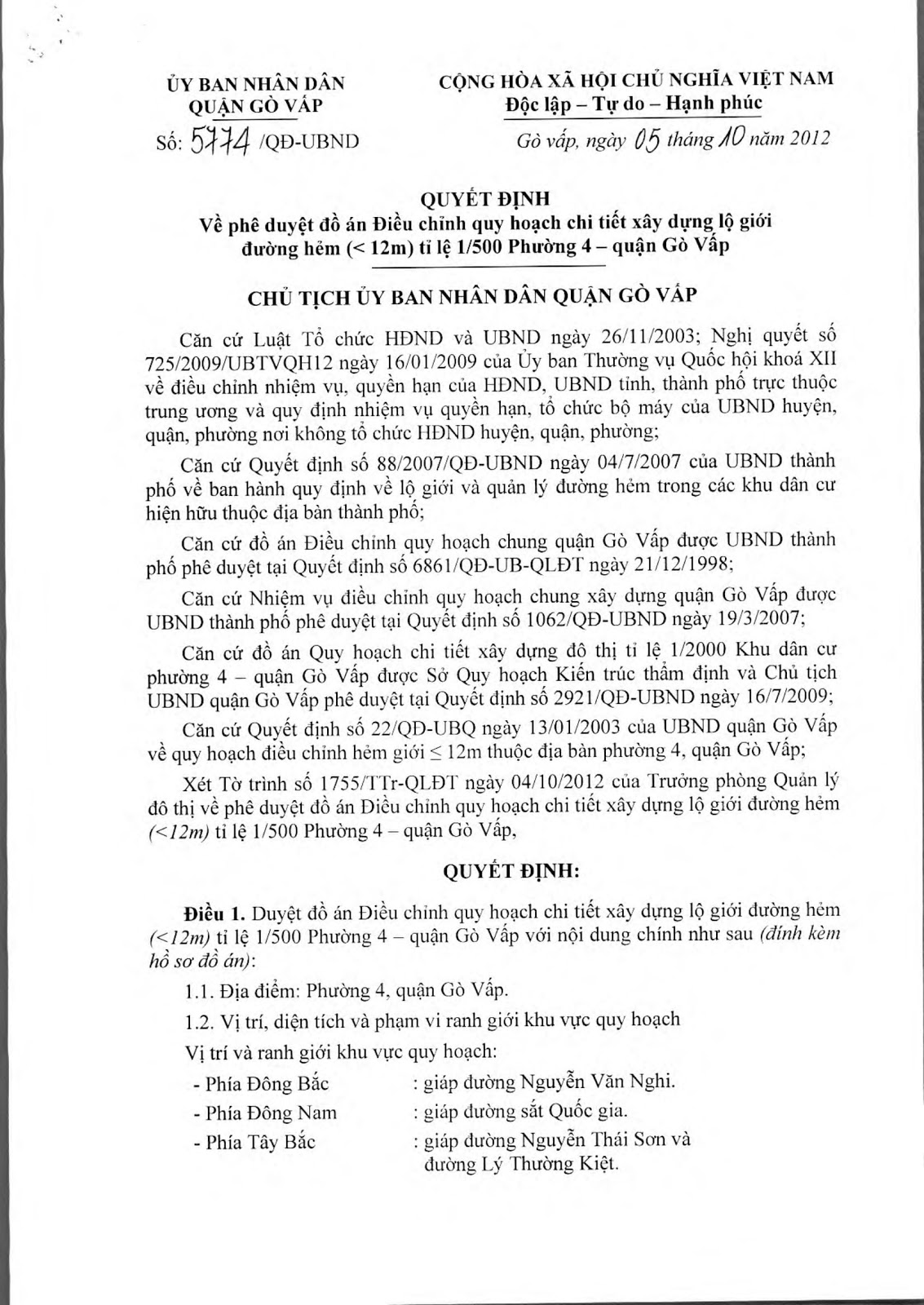Quyết Định Số 5774/QĐ-UBND Đề Án Lộ Giới Đường Hẻm Tỉ Lệ 1/500 Phường 4 Quận Gò Vấp Tờ 1
