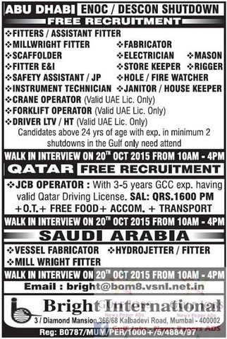 Free job recruitment for Abudhabi, KSA & Qatar