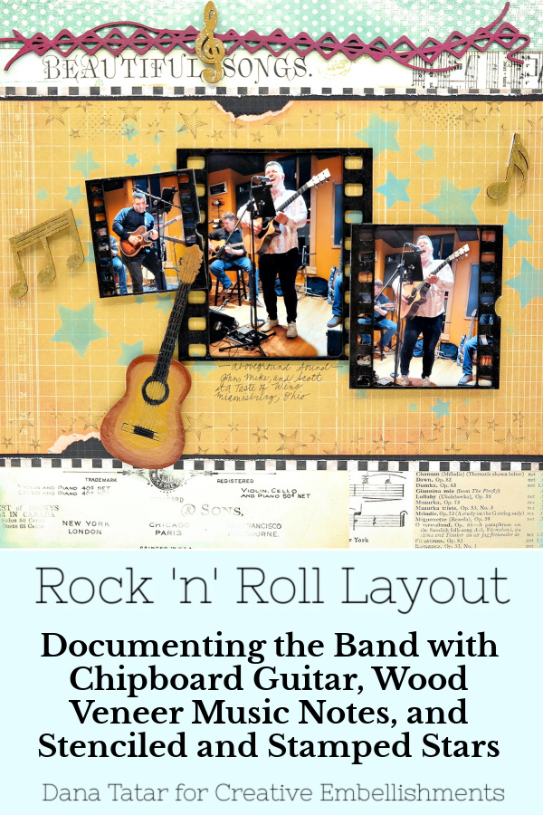 Mixed Media Rock 'n' Roll Scrapbook Layout Using Chipboard, Wood Veneer, Stencils, and Stamps from Creative Embellishments