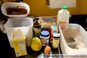 ingredients for making whole wheat pear and pecan streusel muffins