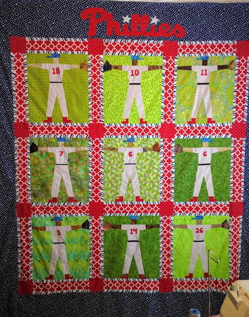 Phillies baseball player quilt in red, blue and white