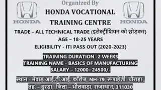 Honda Cars Campus Placement: ITI Jobs And Apprentice Campus Placement for Honda Cars at Mewar ITI Collage Bhilwara, Rajasthan