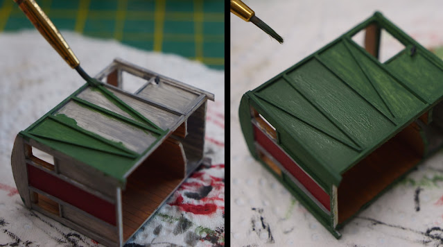 The brakevan is painted in a generic drab green, with two coats needed on top of a thin layer of grey that I had hurriedly applied previously.