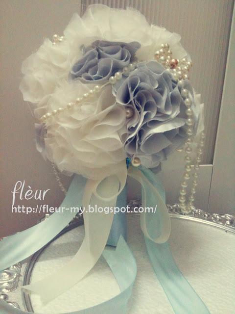 Grey, White, Baby Blue, Pearl, Pom Pom, Flower, Bouquet, Handbouquet