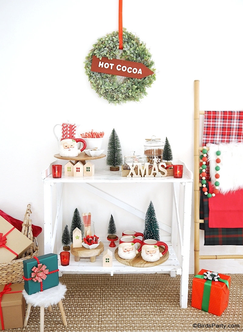 How to Set Up a Hot Chocolate Bar for The Holidays - festive Christmas decor, hot cocoa bar toppings and ideas for styling a hot drinks station at home! by BirdsParty @birdsparty.com #hotcocoa #hotcocoabar #hotchocolate #hotchocolatebar #hotcocoastation #hotchocolatestation #christmas #christmashotcocoabar #christmashotchocolate #christmashotcocoa #holidayhotcocoabar #christmasdecor #farmhousedecor #farmhousechristmas #cocoabar #coffeestation #coffeebar