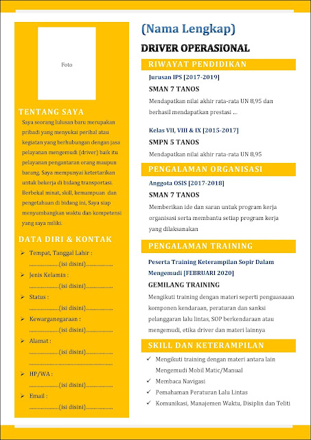 daftar riwayat hidup Driver Operasional lulusan SMA/SMK/MA/sederajat tanpa pengalaman kerja